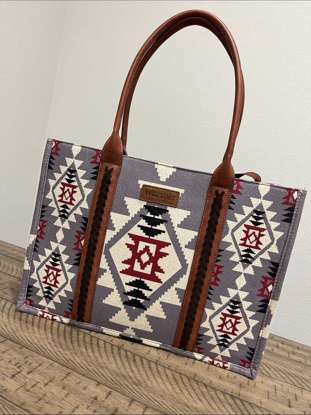 Wrangler Aztec Tote in Periwinkle/Gray, Brown and Red